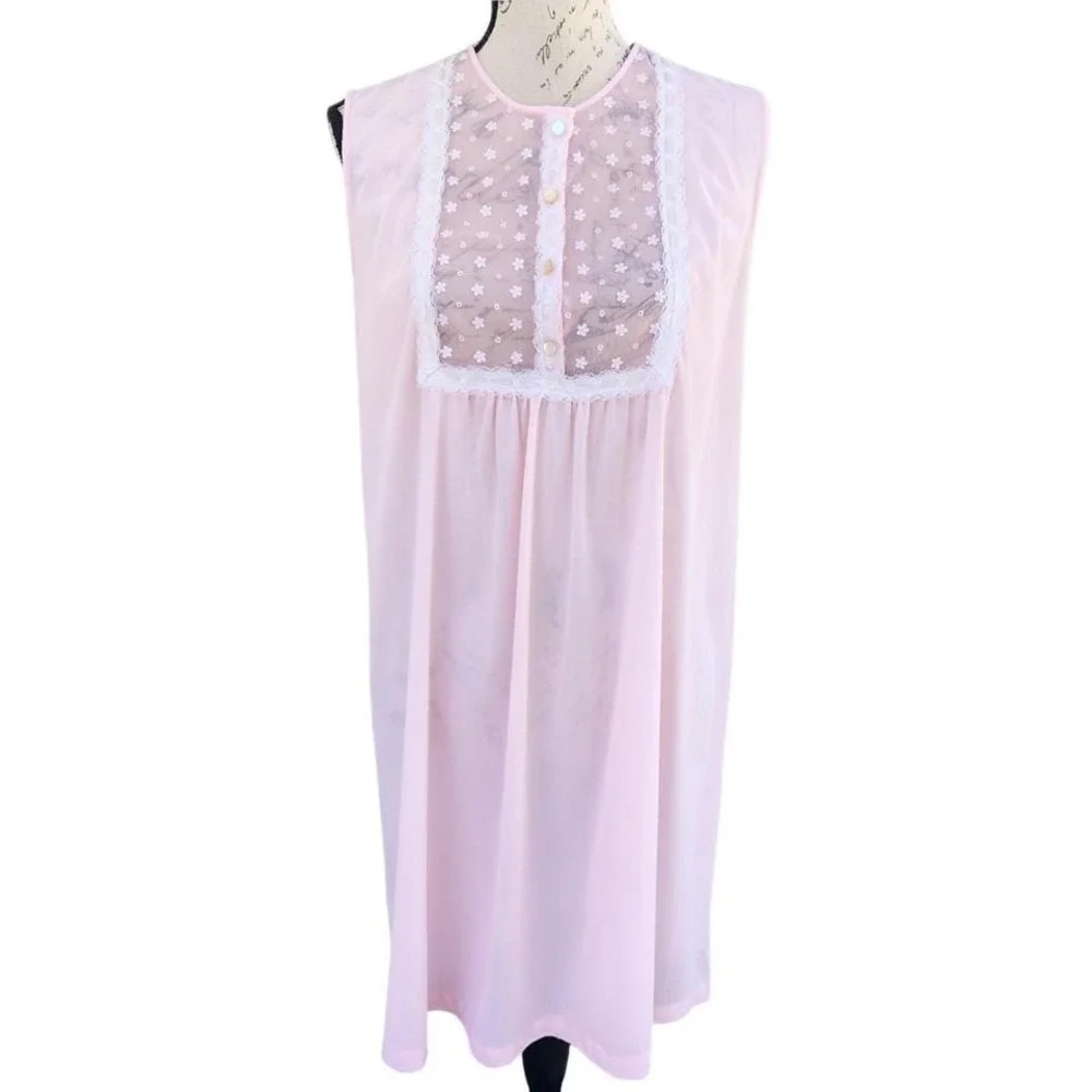Vtg 70s Gilead Pink Lace Embroidered Yoke Summer Nightgown‎ Medium Coquette